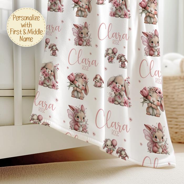 Personalized Baby Blanket with Whimsical Brown Bunnies and Pink Flowers | Custom Easter Blanket, Floral Bunny Nursery Decor, Girl Baby Gift