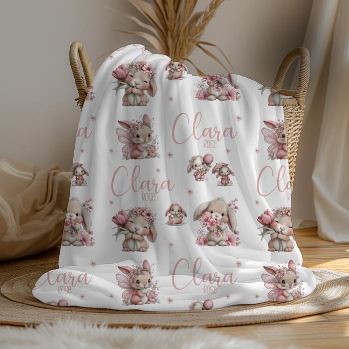 Personalized Baby Blanket with Whimsical Brown Bunnies and Pink Flowers | Custom Easter Blanket, Floral Bunny Nursery Decor, Girl Baby Gift