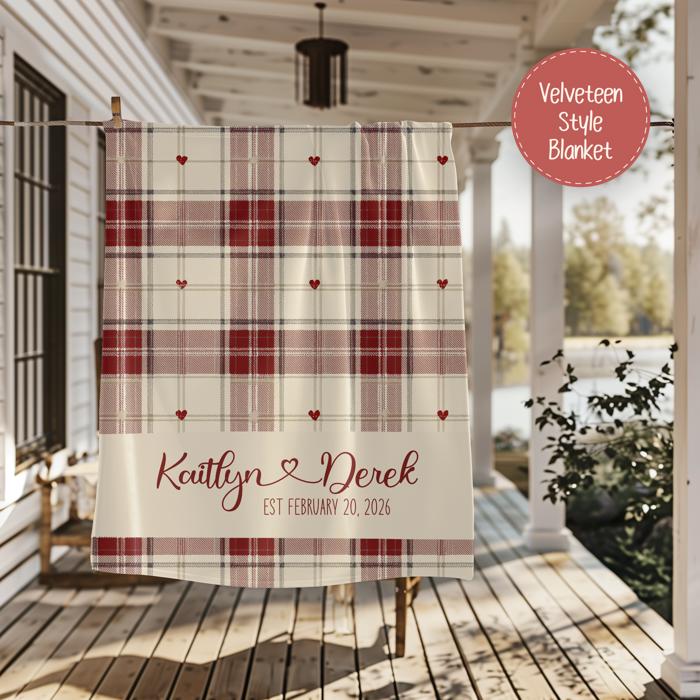 Personalized Valentine Blanket for Couples | Custom Names with Heart & Established Date | Cream with Red Plaid