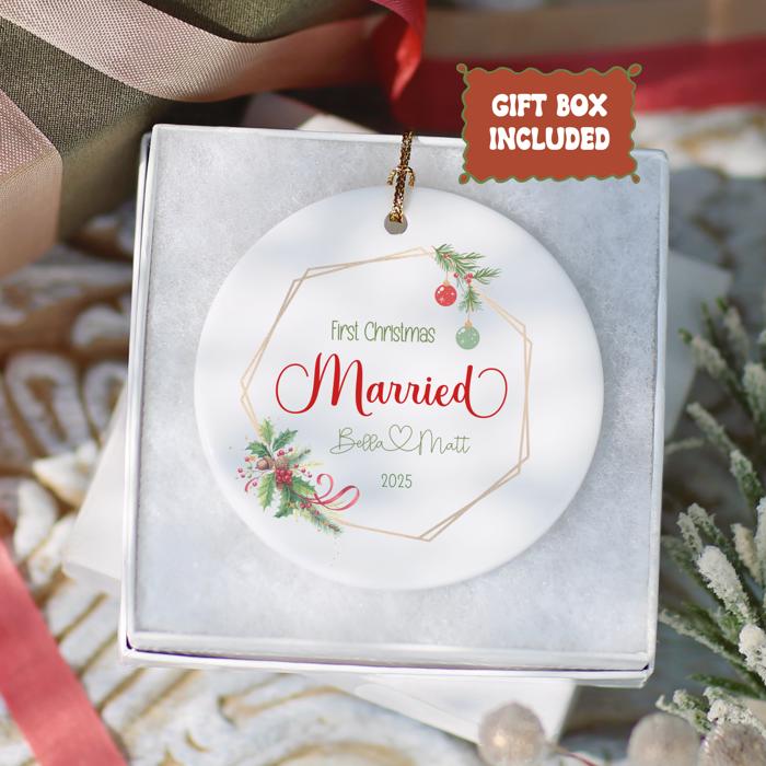 First Christmas Married Personalized Ornament 2025 | Custom Wedding Gift with Couples Names | Gift Box Included
