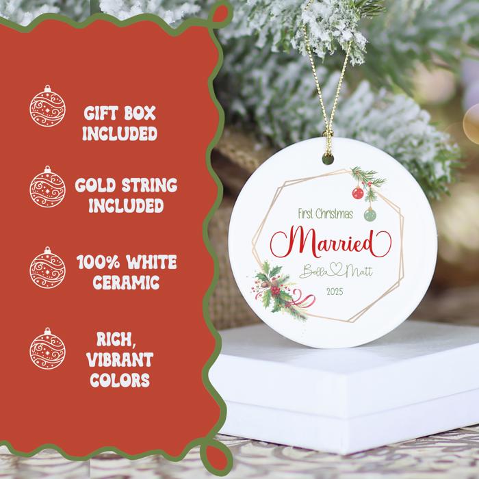 First Christmas Married Personalized Ornament 2025 | Custom Wedding Gift with Couples Names | Gift Box Included