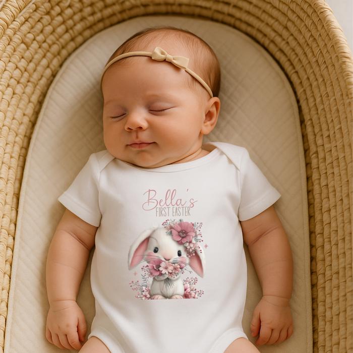 First Easter Baby Girl Personalized Onesie | Short Sleeve 100% Cotton Bodysuit (0-3 to 18 Months)