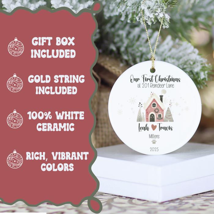 Personalized First Christmas New Home Ornament: Custom Address, Family and Pet Names, Red House Design; New Homeowner Housewarming Gift