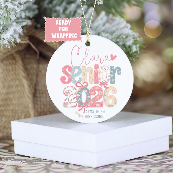 Personalized Graduation Ornament with Student's Name and School, Personalized Senior Gift, Coquette Senior 2026 Decoration, School Keepsake