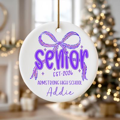Personalized Purple Coquette Senior 2026 Graduation Ornament; Purple Bow Design; Customize with Senior's Name and School
