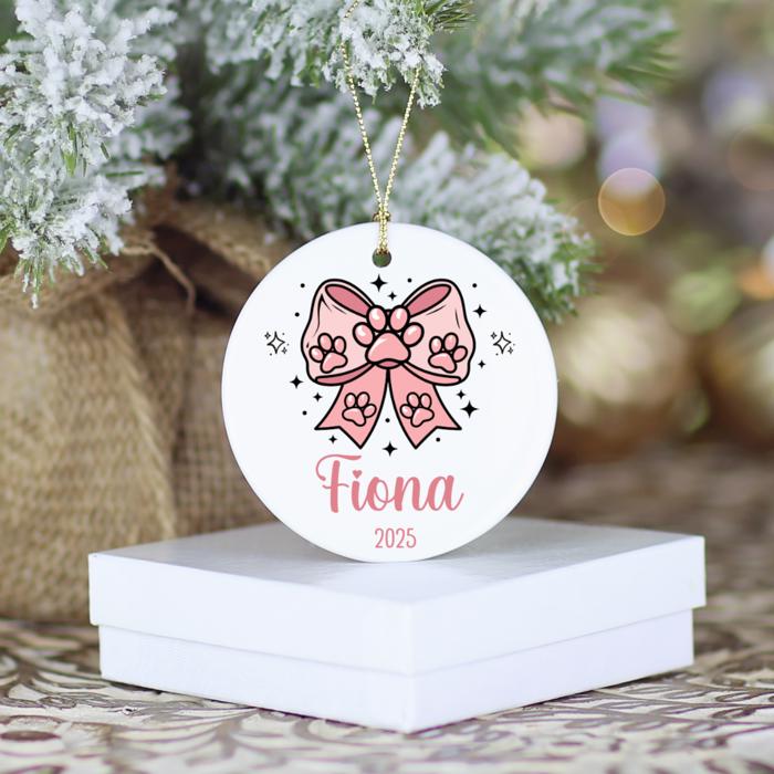 Cat or Dog Personalized Christmas Ornament | Features Pink Paw Prints on Pink Coquette Bow