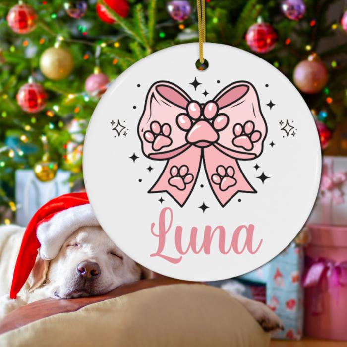 Cat or Dog Personalized Christmas Ornament | Features Pink Paw Prints on Pink Coquette Bow