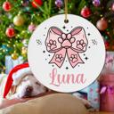  Cat or Dog Personalized Christmas Ornament | Features Pink Paw Prints on Pink Coquette Bow