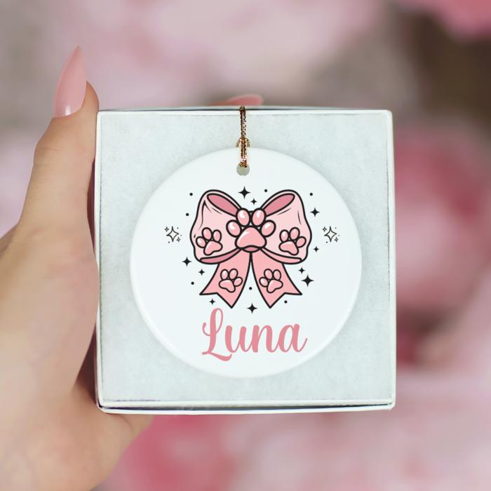 Cat or Dog Personalized Christmas Ornament | Features Pink Paw Prints on Pink Coquette Bow