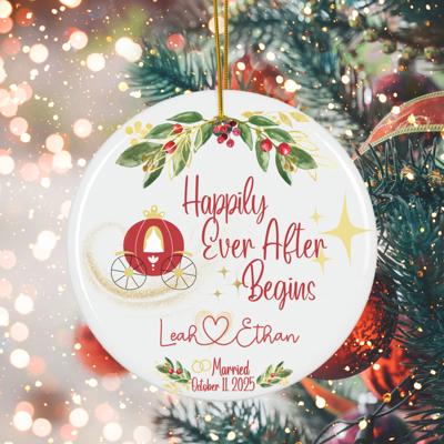 Personalized Engaged or Married Couple Christmas Ornament: Magical Fairy Tale Wedding Keepsake; Includes Couple's Names and Date of Engagement or Marriage; Gift Box Included