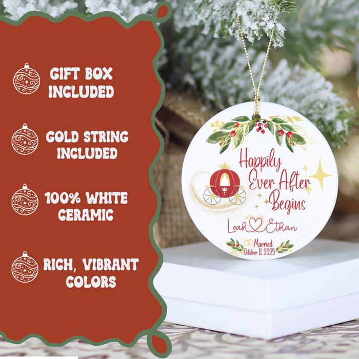 Personalized Engaged or Married Couple Christmas Ornament: Magical Fairy Tale Wedding Keepsake; Includes Couple's Names and Date of Engagement or Marriage; Gift Box Included
