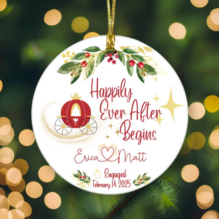 Personalized Engaged or Married Couple Christmas Ornament: Magical Fairy Tale Wedding Keepsake; Includes Couple's Names and Date of Engagement or Marriage; Gift Box Included