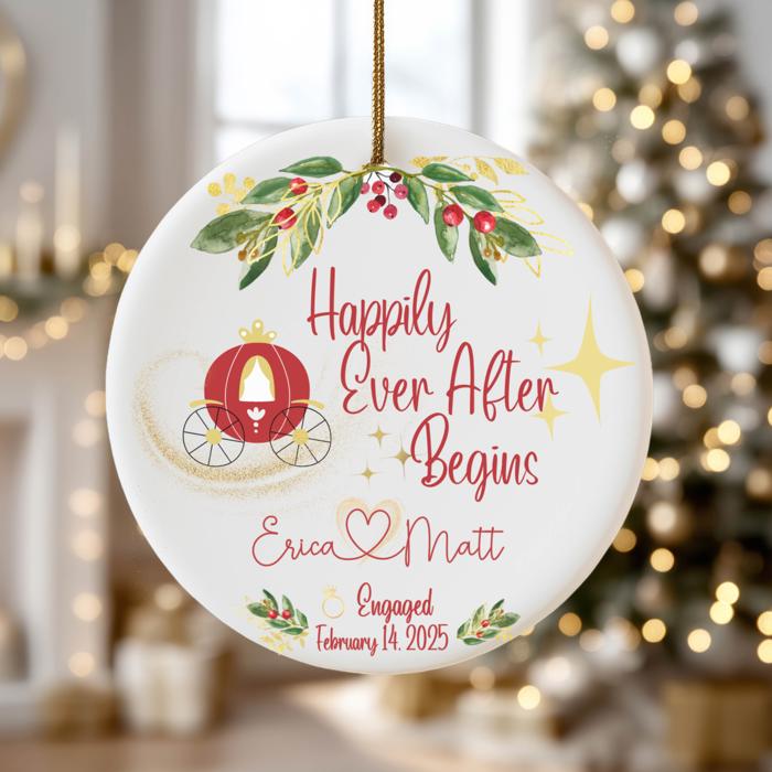 Personalized Engaged or Married Couple Christmas Ornament | Magical Fairy Tale Themed | Includes Couple's Names and Date