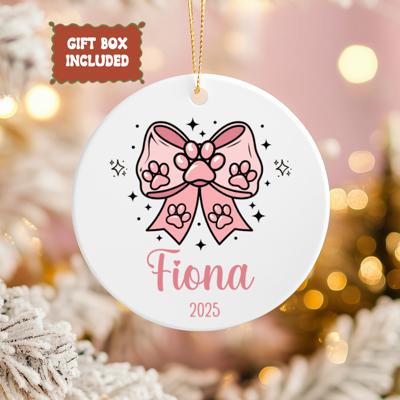 Cat or Dog Personalized Christmas Ornament | Features Pink Paw Prints on Pink Coquette Bow