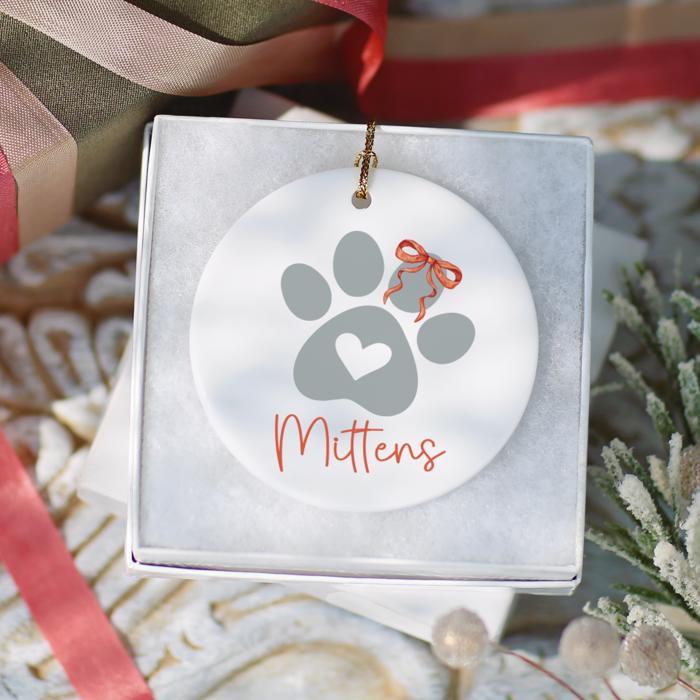 Dog or Cat Christmas Ornament; Personalized with Pet's Name; Green, Gray, Black or Brown Paw; Santa Hat, Bow, or Christmas Lights Accents