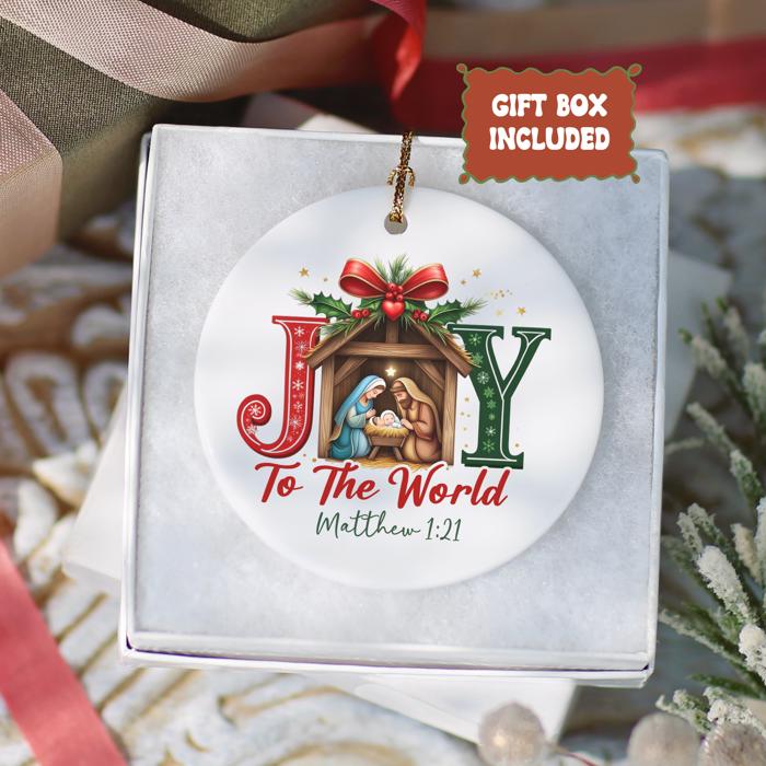 Manger Scene Joy to the World Christmas Ornament Matthew 1:21 | Christian Scripture Ornament