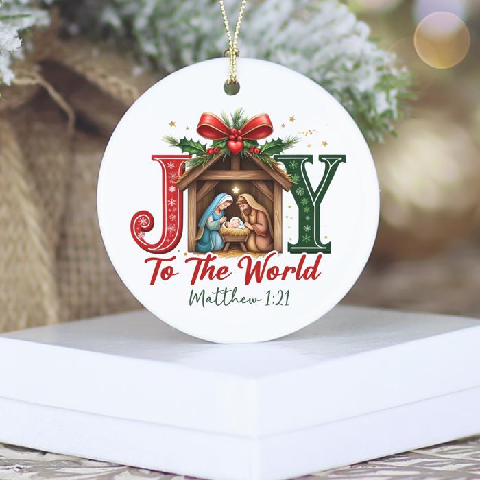 Manger Scene Joy to the World Christmas Ornament Matthew 1:21 | Christian Scripture Ornament