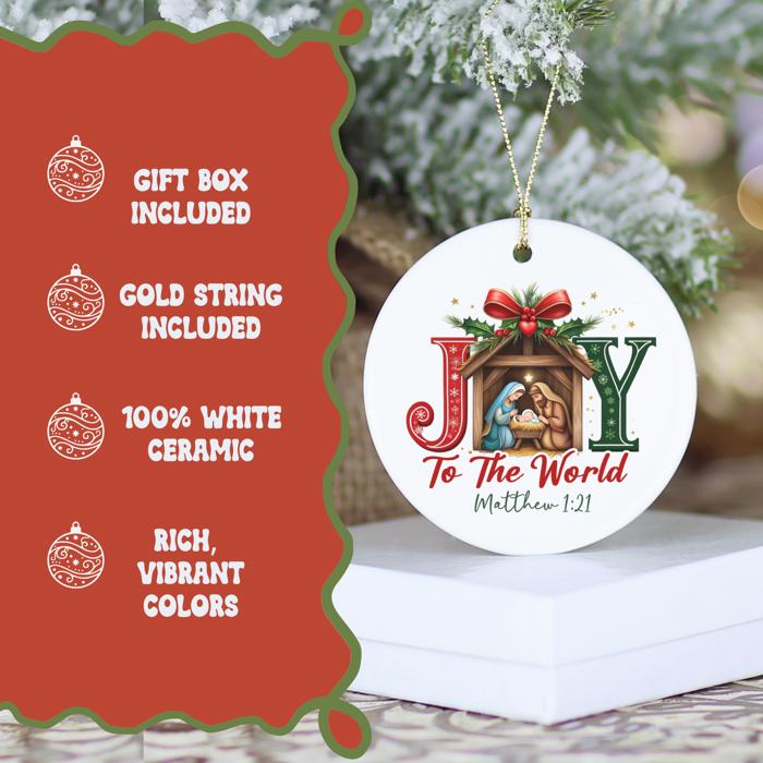 Manger Scene Joy to the World Christmas Ornament Matthew 1:21 | Christian Scripture Ornament
