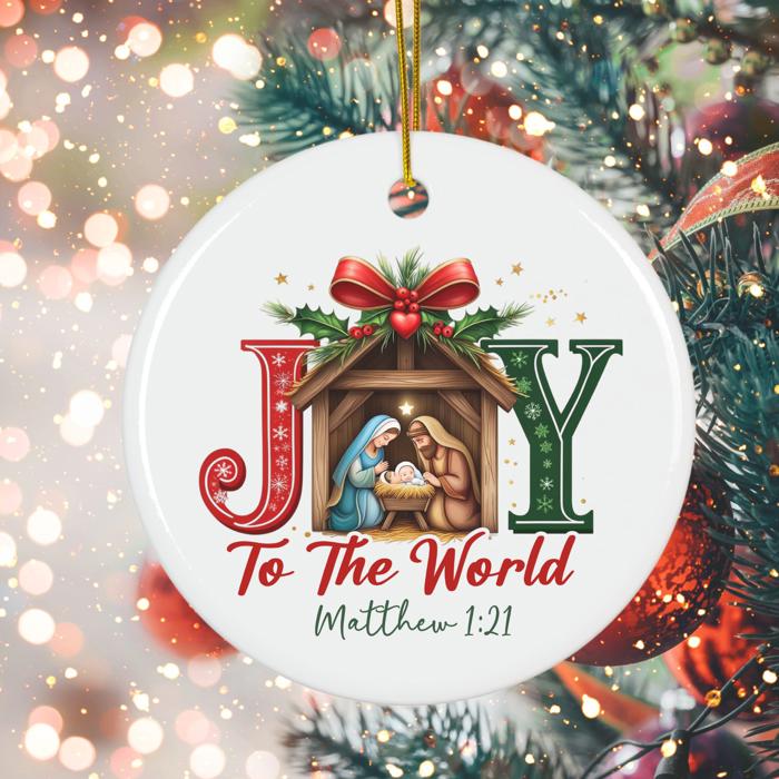 Manger Scene Joy to the World Christmas Ornament Matthew 1:21 | Christian Scripture Ornament
