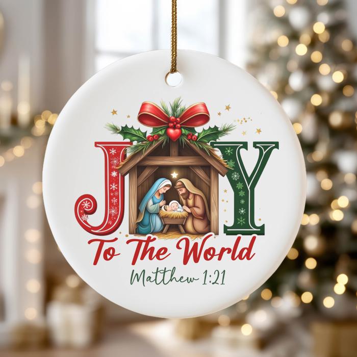 Manger Scene Joy to the World Christmas Ornament Matthew 1:21 | Christian Scripture Ornament