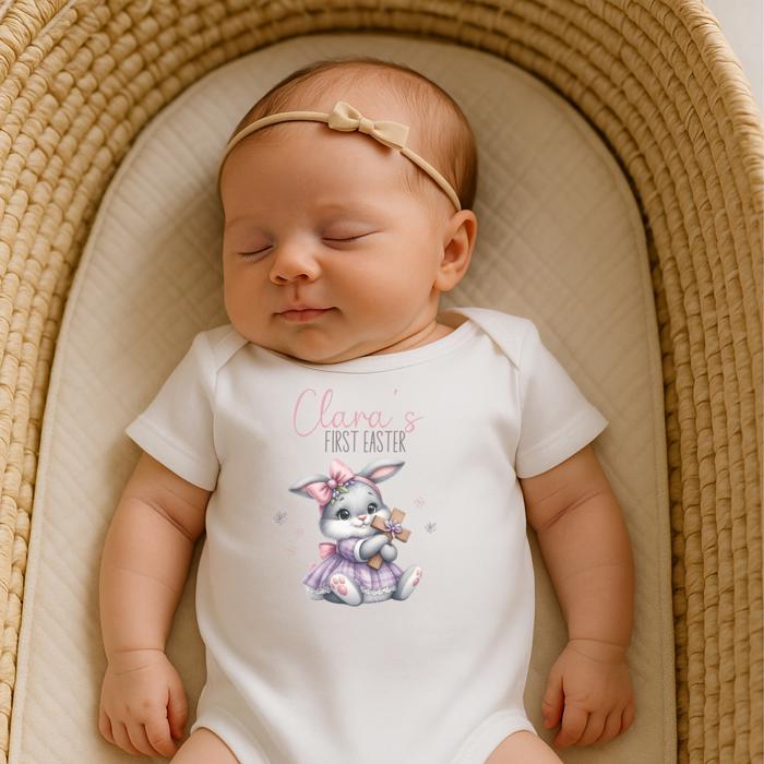 Bunny Holding Easter Cross First Easter Personalized Onesie for Baby Girl | Short Sleeve 100% Cotton Bodysuit