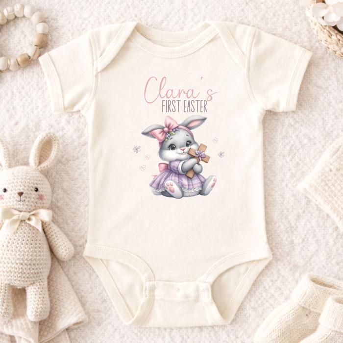 Bunny Holding Easter Cross First Easter Personalized Onesie for Baby Girl | Short Sleeve 100% Cotton Bodysuit
