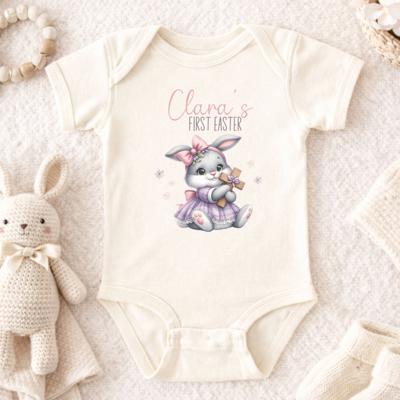 Bunny Holding Easter Cross First Easter Personalized Onesie for Baby Girl | Short Sleeve 100% Cotton Bodysuit