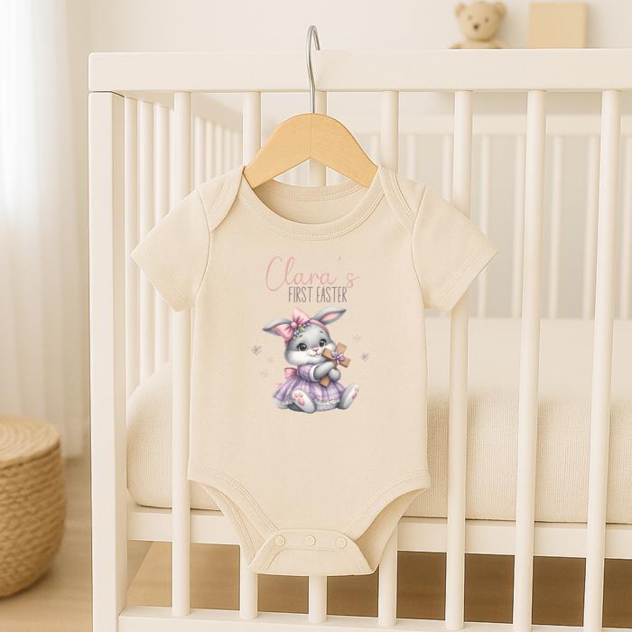 Bunny Holding Easter Cross First Easter Personalized Onesie for Baby Girl | Short Sleeve 100% Cotton Bodysuit