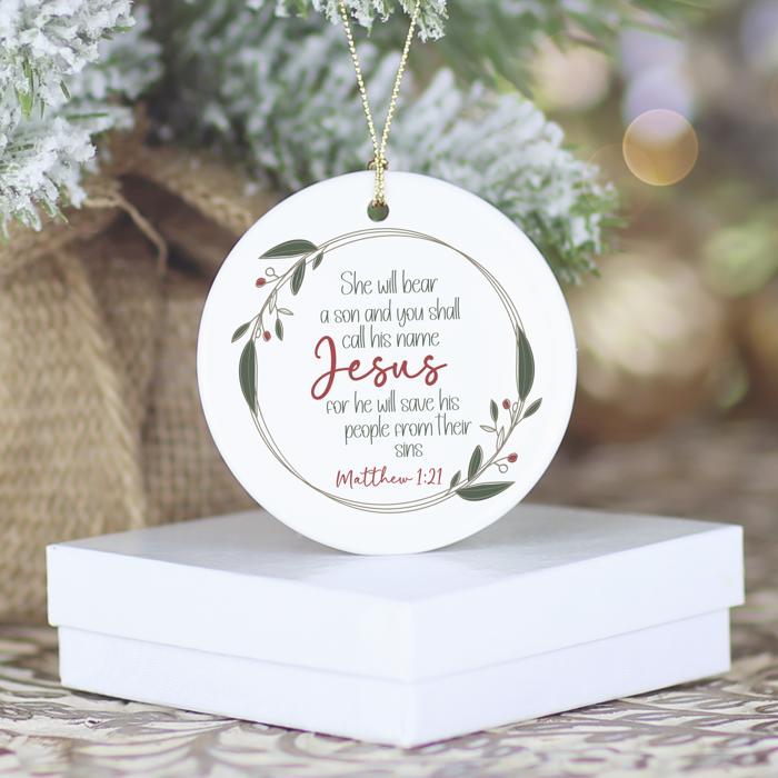 Christian Scripture Ornament | Religious Holiday Decor | Faith-Based Christmas Gift | Matthew 1:21 |Gift Box Included