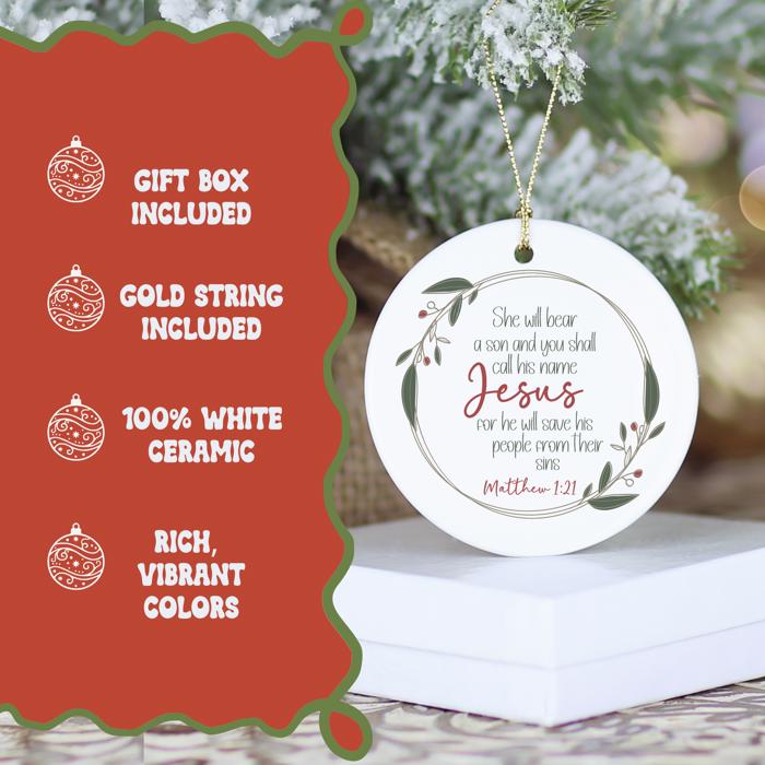 Christian Scripture Ornament | Religious Holiday Decor | Faith-Based Christmas Gift | Matthew 1:21 |Gift Box Included