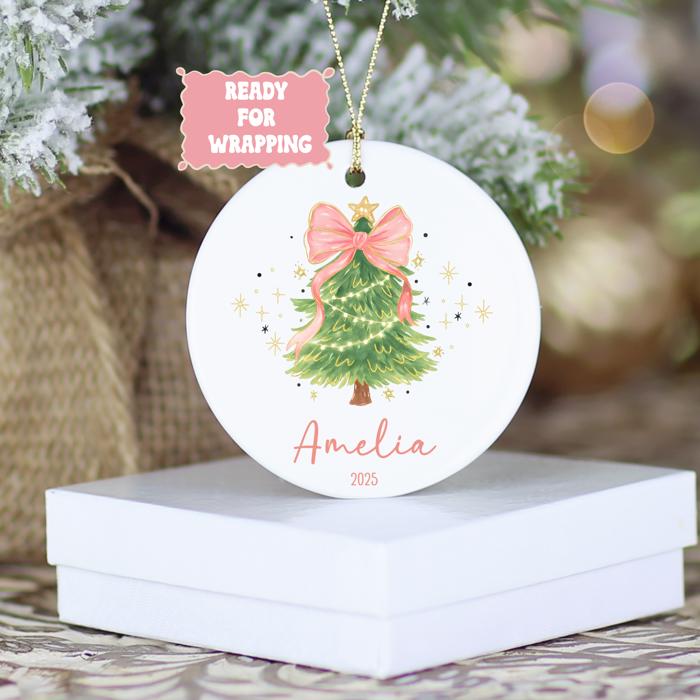 Pink Coquette Bow Christmas Tree Ornament; Personalized in Matching Script Font; Custom Christmas Ornament for Girl