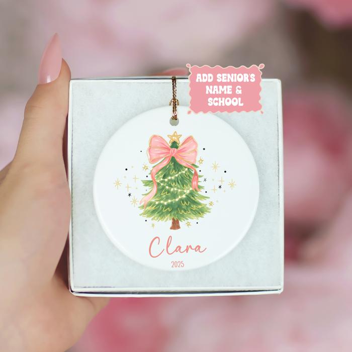 Pink Coquette Bow Christmas Tree Ornament; Personalized in Matching Script Font; Custom Christmas Ornament for Girl