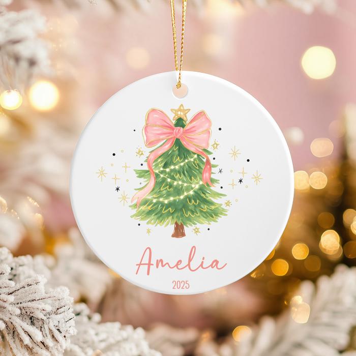Pink Coquette Bow Christmas Tree Ornament; Personalized in Matching Script Font; Custom Christmas Ornament for Girl