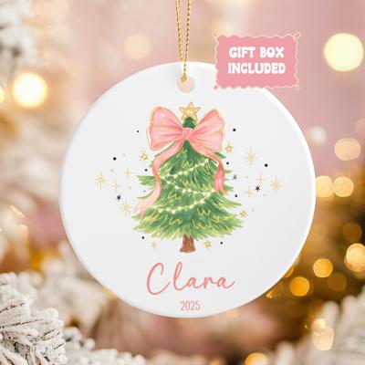 Pink Coquette Bow Christmas Tree Ornament; Personalized in Matching Script Font; Custom Christmas Ornament for Girl