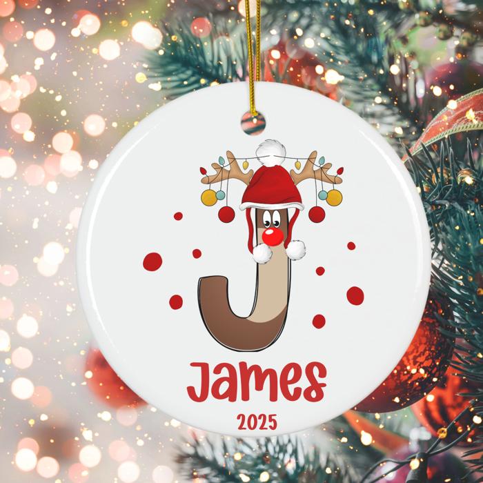Personalized Rudolph Initial and Name Christmas Ornament; Custom Kid's Initial in Rudolph Shape; Ornament for Boy or Girl; Gift Box Included