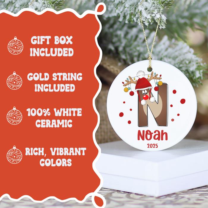 Personalized Rudolph Initial and Name Christmas Ornament; Custom Kid's Initial in Rudolph Shape; Ornament for Boy or Girl; Gift Box Included