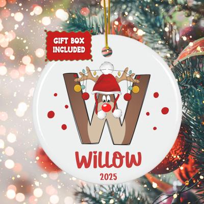 Personalized Rudolph Initial and Name Christmas Ornament; Custom Kid's Initial in Rudolph Shape; Ornament for Boy or Girl; Gift Box Included