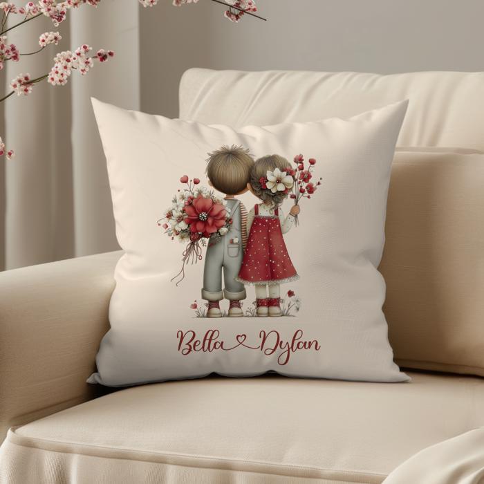 Personalized Couple Throw Pillow | Custom Names with Heart Connection | Red and Cream Colors