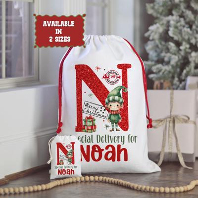 Personalized Special Delivery Boy Elf Design Santa Bag; Child's Fabric Christmas Gift Bag with Child’s Initial & Name; Large and Small Bags