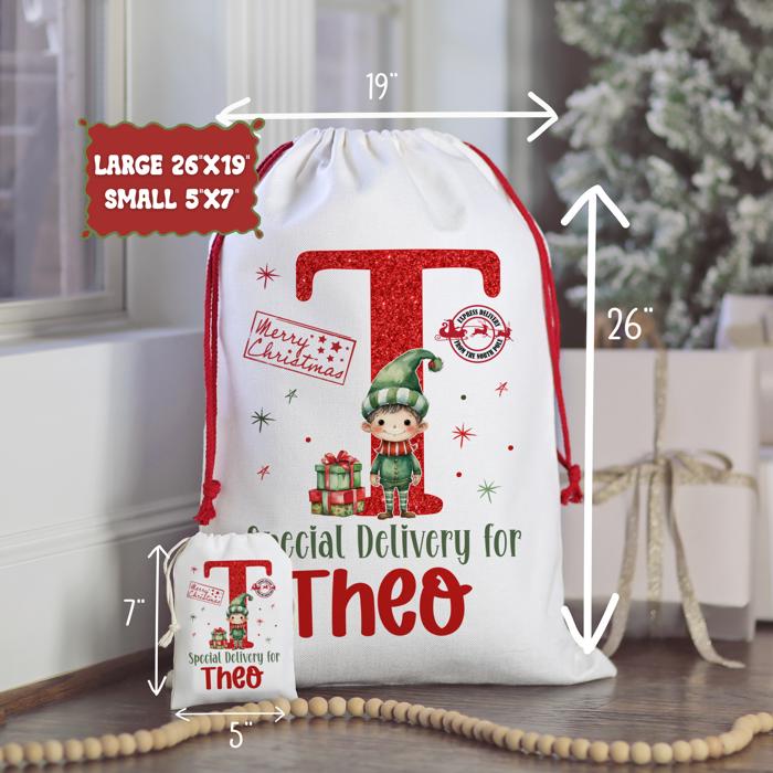 Personalized Special Delivery Boy Elf Design Santa Bag; Child's Fabric Christmas Gift Bag with Child’s Initial & Name; Large and Small Bags