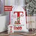 Extra Large Personalized Special Delivery Boy Elf Design Santa Bag; Child's Fabric Christmas Gift Bag with Child’s Initial & Name; Large and Small Bags