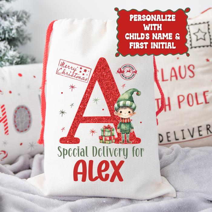 Personalized Special Delivery Boy Elf Design Santa Bag; Child's Fabric Christmas Gift Bag with Child’s Initial & Name; Large and Small Bags