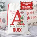  Personalized Special Delivery Boy Elf Design Santa Bag; Child's Fabric Christmas Gift Bag with Child’s Initial & Name; Large and Small Bags