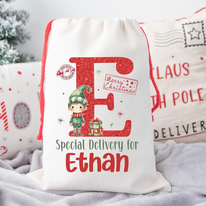 Personalized Special Delivery Boy Elf Design Santa Bag; Child's Fabric Christmas Gift Bag with Child’s Initial & Name; Large and Small Bags