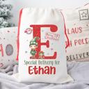  Personalized Special Delivery Boy Elf Design Santa Bag; Child's Fabric Christmas Gift Bag with Child’s Initial & Name; Large and Small Bags