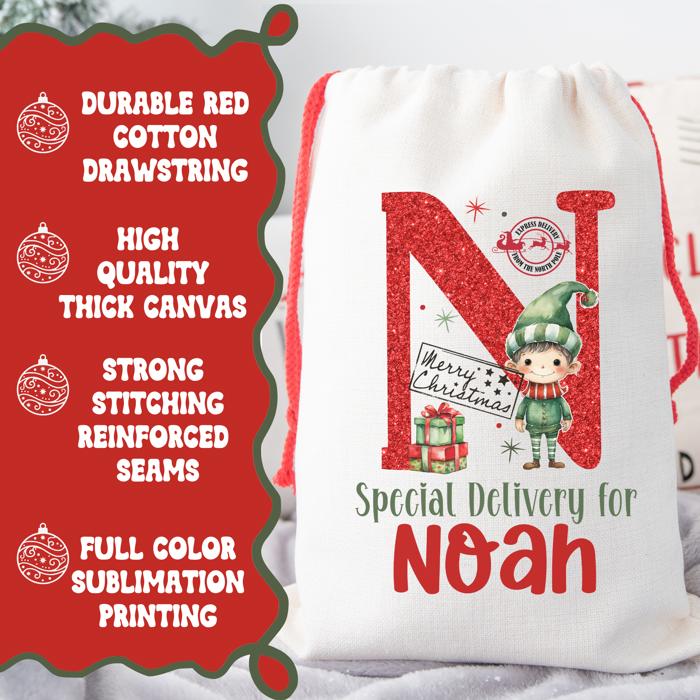 Personalized Special Delivery Boy Elf Design Santa Bag; Child's Fabric Christmas Gift Bag with Child’s Initial & Name; Large and Small Bags