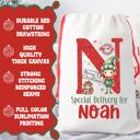  Personalized Special Delivery Boy Elf Design Santa Bag; Child's Fabric Christmas Gift Bag with Child’s Initial & Name; Large and Small Bags