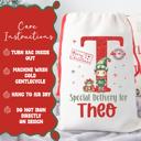  Personalized Special Delivery Boy Elf Design Santa Bag; Child's Fabric Christmas Gift Bag with Child’s Initial & Name; Large and Small Bags