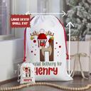 Small Personalized Rudolph Initial Special Delivery Santa Bag; Child's Fabric Christmas Gift Bag with Child’s Initial & Name; Large and Small Bags