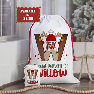 Personalized Rudolph Initial Special Delivery Santa Bag; Child's Fabric Christmas Gift Bag with Child’s Initial & Name; Large and Small Bags